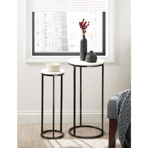 Kate and Laurel Udorie 12 in. White and Pewter Marble Nesting End Table