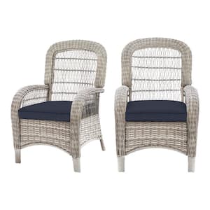 Beacon Park Gray Wicker Outdoor Patio Captain Dining Chair with CushionGuard Midnight Navy Cushions (2-Pack)