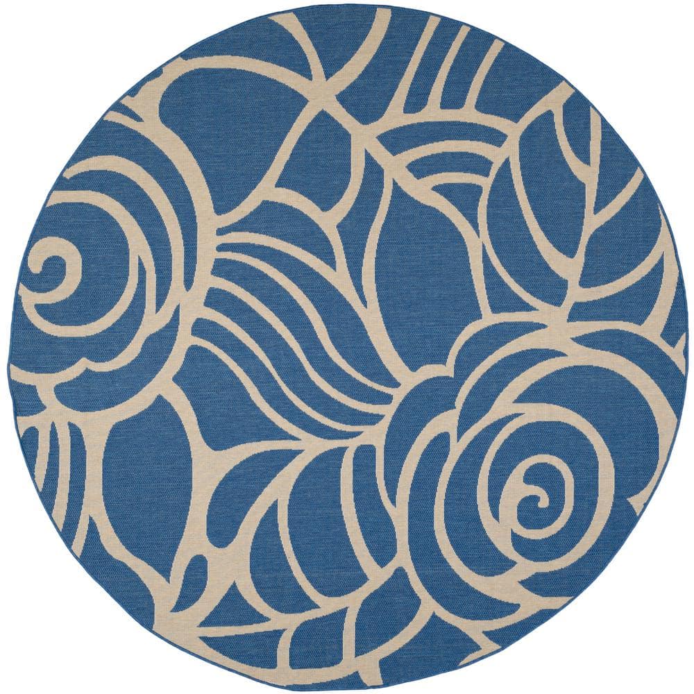 SAFAVIEH Courtyard Blue/Beige 8 ft. x 8 ft. Round Floral Indoor/Outdoor