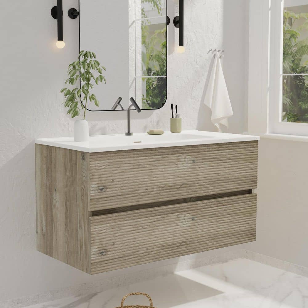 36 in. Wall-Mounted Floating Bath Vanity in Rough Oak with Single Ceramic S