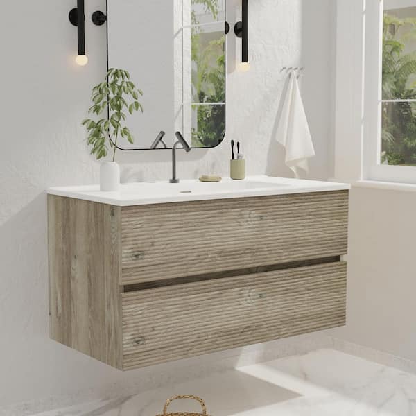 36 in. Wall-Mounted Floating Bath Vanity in Rough Oak with Single Ceramic Sink Top in White