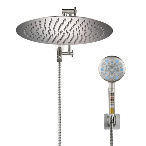 Rainfull 9-Spray 12 in. Wall Mount Round Dual Shower Head and Handheld Shower Head with Filter 2.5 GPM in Brushed Nickel
