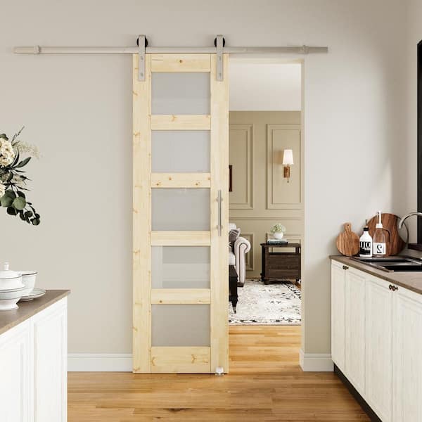 ARK DESIGN 24 in. x 80 in. 5-Lite Frosted Glass Unfinished Glass Sliding Barn Door with Hardware Kit