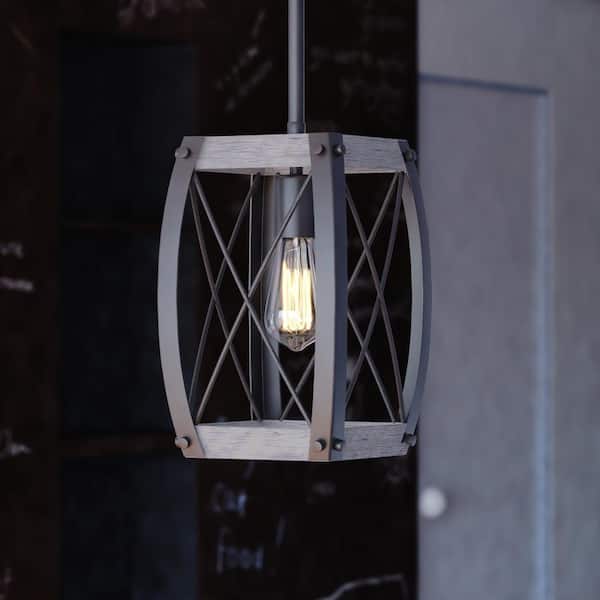 VAXCEL Montclare 1-Light Textured Black and White Ash Wood Farmhouse Cage Kitchen Island Mini Pendant Ceiling Light