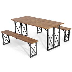 3-Piece Outdoor Patio Wood Dining Table Set with 2 in. Umbrella Hole