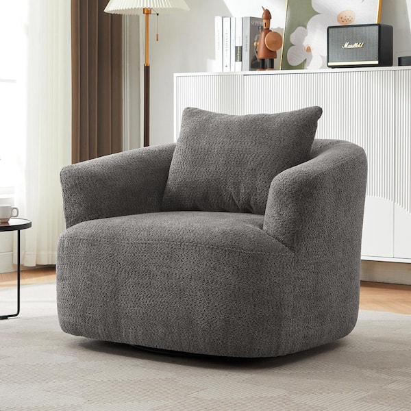 Grey 38.2 in. Upholstered 360° Swivel Barrel Chair with a Throw Pillow for Living Room, Bedroom, Office and Hotel