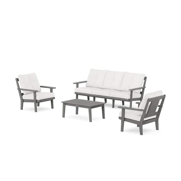 POLYWOOD Prairie 4-Pcs Plastic Patio Conversation Set with Sofa in Slate Grey/Natural Linen Cushions