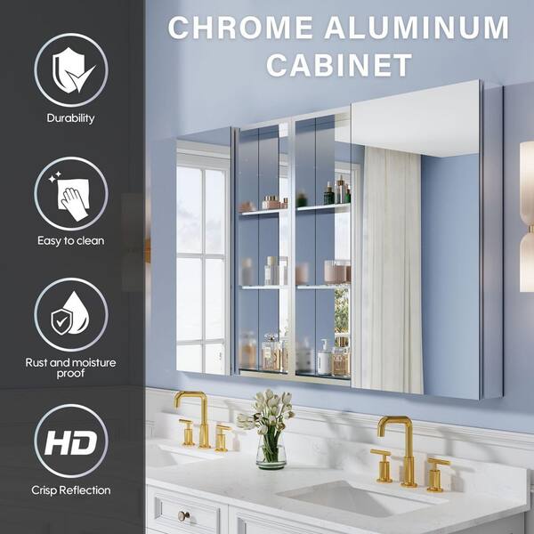WELLFOR 64 in. W x 36 in. H Rectangular Polished Aluminum Tri-view