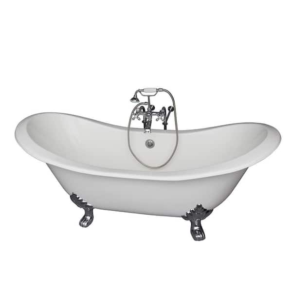 Barclay Products 5.9 ft. Cast Iron Lion Paw Feet Double Slipper Tub in White with Polished Chrome Accessories