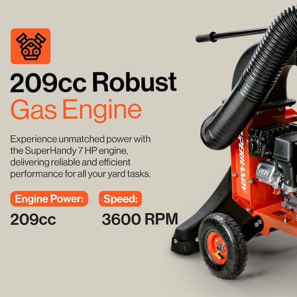 Leaf Vacuum & Wood Chipper – 7 HP 209cc Gas Engine, 6 Bushel Collection Bag, 10:1 Mulch Ratio, Dual Function