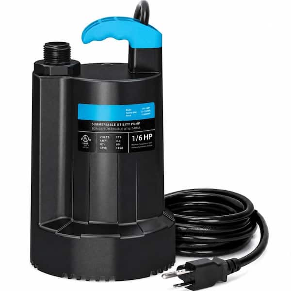 1/6 HP Submersible Utility Water Pump 1850 GPH Thermoplastic Drain Pump for Basements Pools Ponds