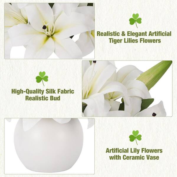 13.7 in. White Real Touch Artificial Lily Bouquet, Indoor Decor
