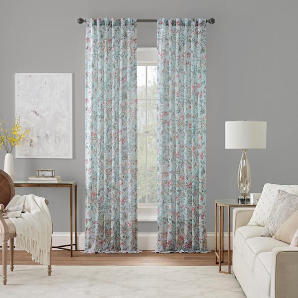 Waverly Porch Pavillion Aqua Floral Pattern Cotton 50 in. W x 84 in. L Sheer Single Rod Pocket Back Tab Curtain Panel