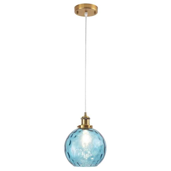 1-Light Bronze-Yellow/Dark Blue Pendant Hanging Light with Frosted Glass Shade for Bedroom