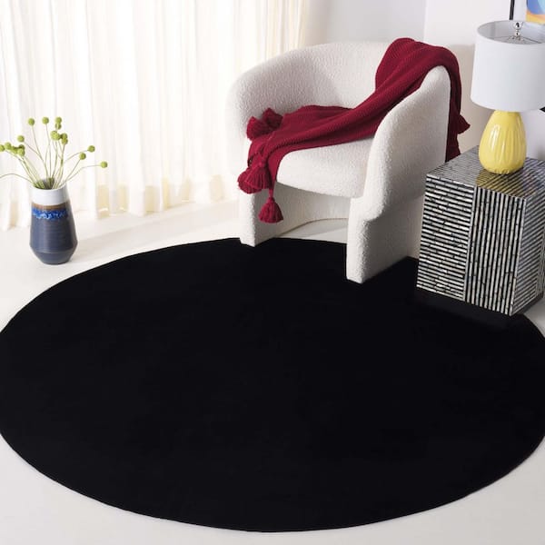 Faux Rabbit Fur Black 4 ft. x 4 ft. Machine Washable Solid Flokati Round Area Rug