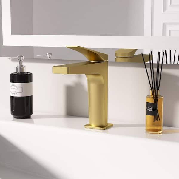 NOBLE Single Handle Sink Faucet Mid Arc Single Hole Bathroom Faucet with Deckplate in Brushed Gold