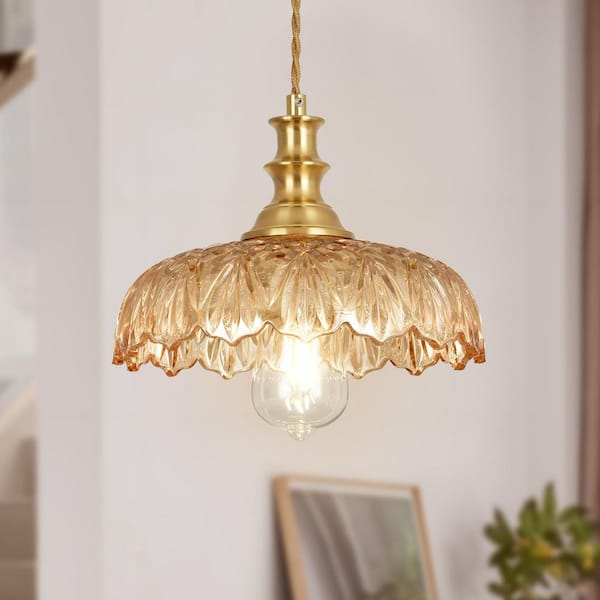 Henveton Jasslynn 60-Watt 1-Light Amber Modern Kitchen Pendant Light with Dome Flower Glass Shade for Bedroom Dining Room