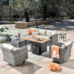 Sanibel Gray 9-Piece Wicker Outdoor Patio Conversation Sofa Sectional Set with a Storage Fire Pit and Beige Cushions