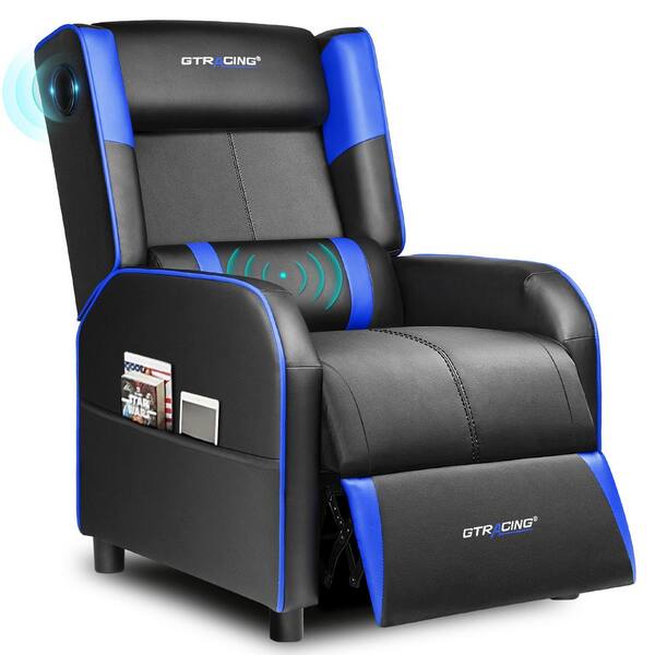null Blue PU Leather Massage Lumbar Recliner Chair with Footrest and Bluetooth Speakers
