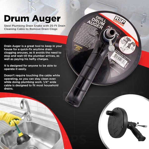 25 Ft Drill Drain Pipe Auger Snake Clears Clogged Drains for sale online 
