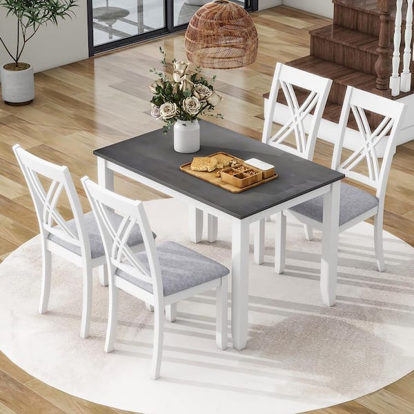 Harper & Bright Designs 5-Piece Gray Wood Top Dining Table Set with 4 X-Back Gray Linen Upholstered Chairs