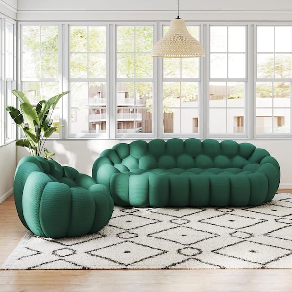 Magic Home (Set of 2) Bubble Couch, 98.4 in. Green Mesh Fabric Curved Sectional Sofa Set 3-Seater Couch with Chair for Meeting Room