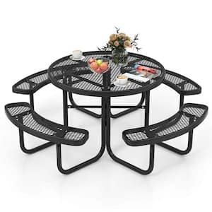 Black Metal Camping Table Outdoor Round Picnic Table and Bench Set for 8
