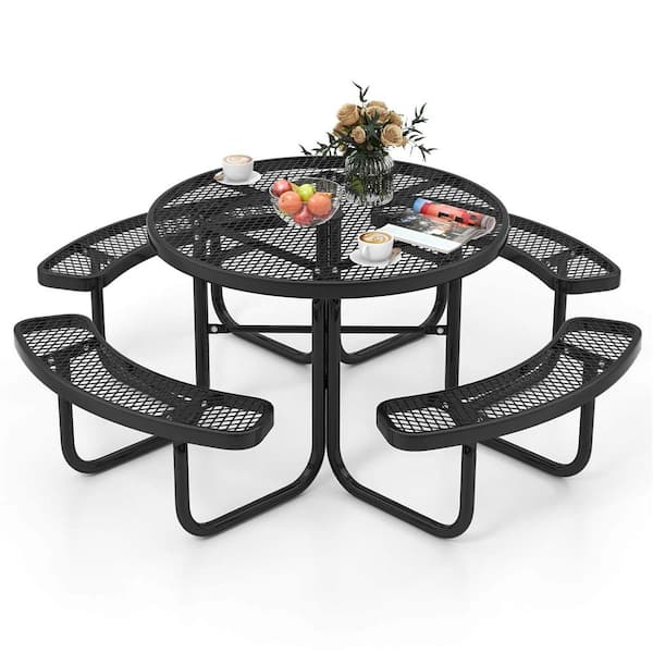 Black Metal Camping Table Outdoor Round Picnic Table and Bench Set for 8