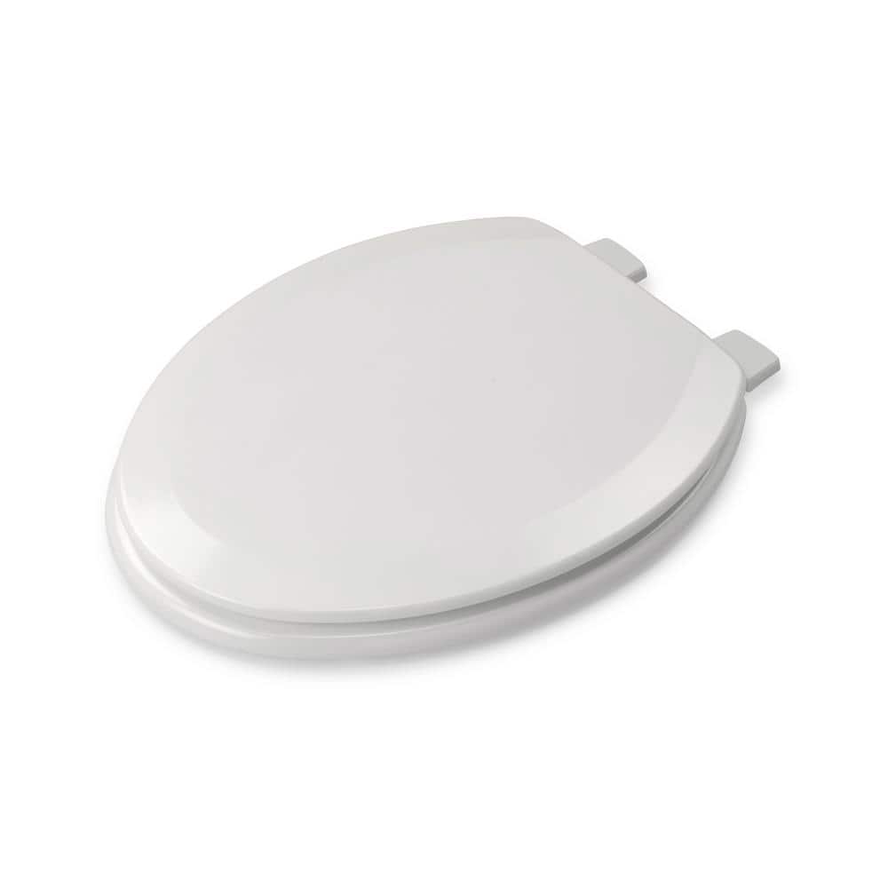 White Molded Wood Elongated Toilet Seat with Adhesive Hinges
