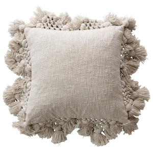 18 in. x 18 in. Cream Square Crochet and Tassels Cotton Slub Pillow