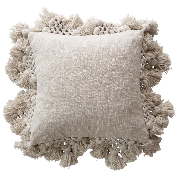 Storied Home 18 in. x 18 in. Cream Square Crochet and Tassels Cotton Slub Pillow