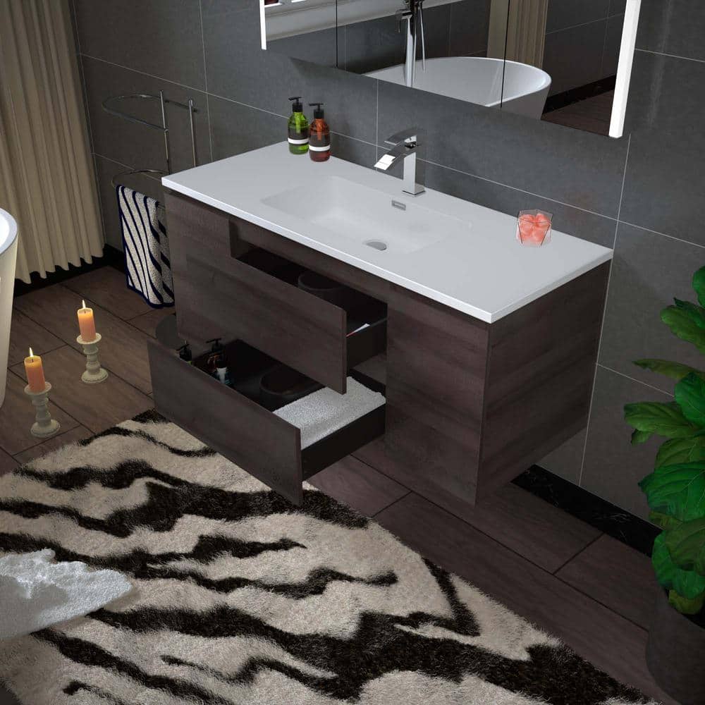 47" Gray Oak Wall-Mounted Floating Vanity with White Resin Top
