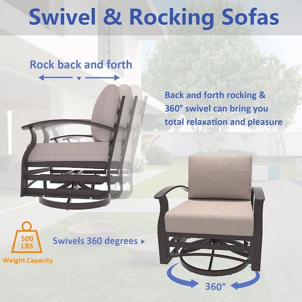 7-Seat Aluminum Patio Conversation Set with armrest, Fire pit Table, Swivel Rocking Chairs, Ottomans and Sand Cushions