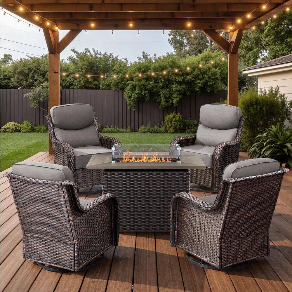 Arcadia Brown 5-Piece Wicker Patio Fire Pit Set, 4-Person Seating Set with Olefin Gray Cushions and Swivel Gliders price history on PriceWatchPro