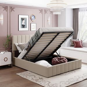 Beige Queen Upholstered Platform Bed With Gas Lift up Storage, Wooden Platform Bed Frame with Hydraulic Storage System