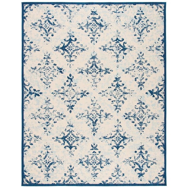SAFAVIEH Courtyard Ivory/Navy 9 ft. x 12 ft. Border Geometric Medallion Indoor/Outdoor Patio  Area Rug