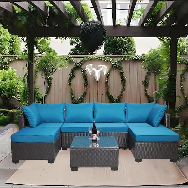 Zeus & Ruta 7-Piece Wicker Outdoor Patio Conversation Seating Set with Lake Blue Cushions and Coffee Table for Patio Garden Backyard
