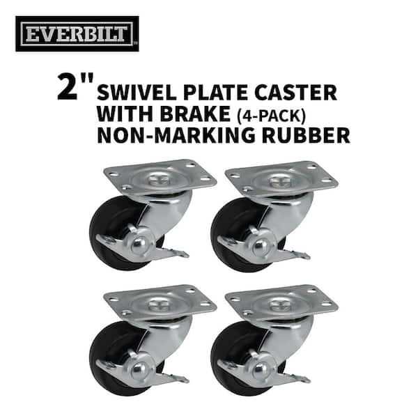 Everbilt 2 in. Black Soft Rubber and Steel Swivel Plate Casters with Locking Brake and 90 lbs. Load Rating 4 Pack