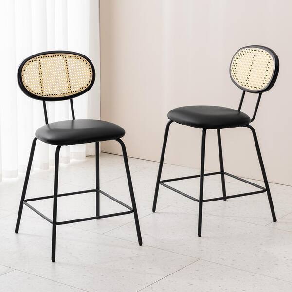 LUE BONA 24 in. Black Faux Leather Metal Frame Counter Height Bar Stools With White Rattan Back (Set of 2)