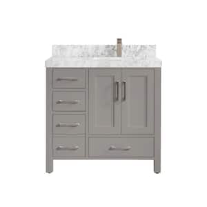 Malibu 36 in. W x 22 in. D x 36 in. H Right Offset Sink Bath Vanity in Grey with 2 in. Carrara Marble Top