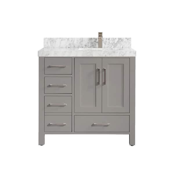 Willow Collections Malibu 36 in. W x 22 in. D x 36 in. H Right Offset Sink Bath Vanity in Grey with 2 in. Carrara Marble Top