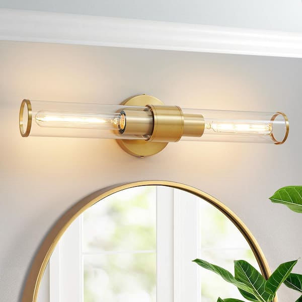7.21 in. 2-Light Gold Vanity Lights in Clear with Glass Indoor Wall Mount Lamp for Bathroom, Living Room