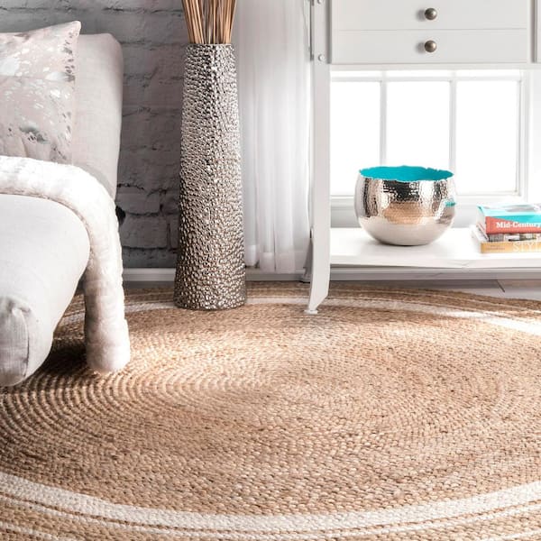 Rikki Braided Border Jute Off-White 8 ft. Farmhouse Round Living Room/Bedroom/Dining Room Area Rug