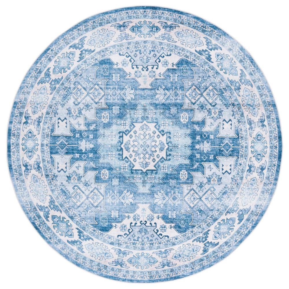 SAFAVIEH Arizona Light Blue/Blue 6 ft. x 6 ft. Distressed Border Ornate Machine Washable Round