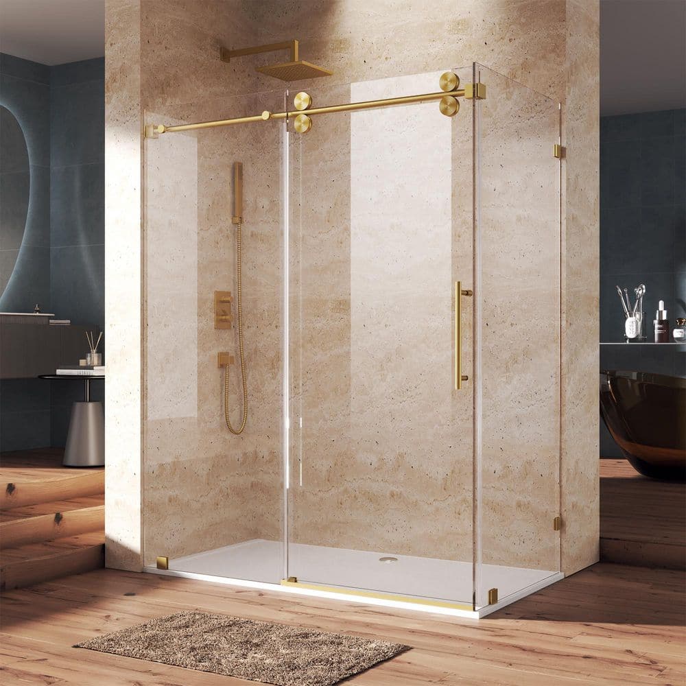 56-60 in. W x 34 in. D x 76 in. H Frameless Corner Sliding Shower Enclosure, 3/8 in. Glass, Nano Coating, Brushed Gold price history on PriceWatchPro
