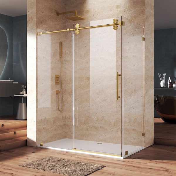 56-60 in. W x 35 in. D x 76 in. H Frameless Corner Sliding Shower Enclosure, 3/8 in. Glass, Nano Coating, Brushed Gold