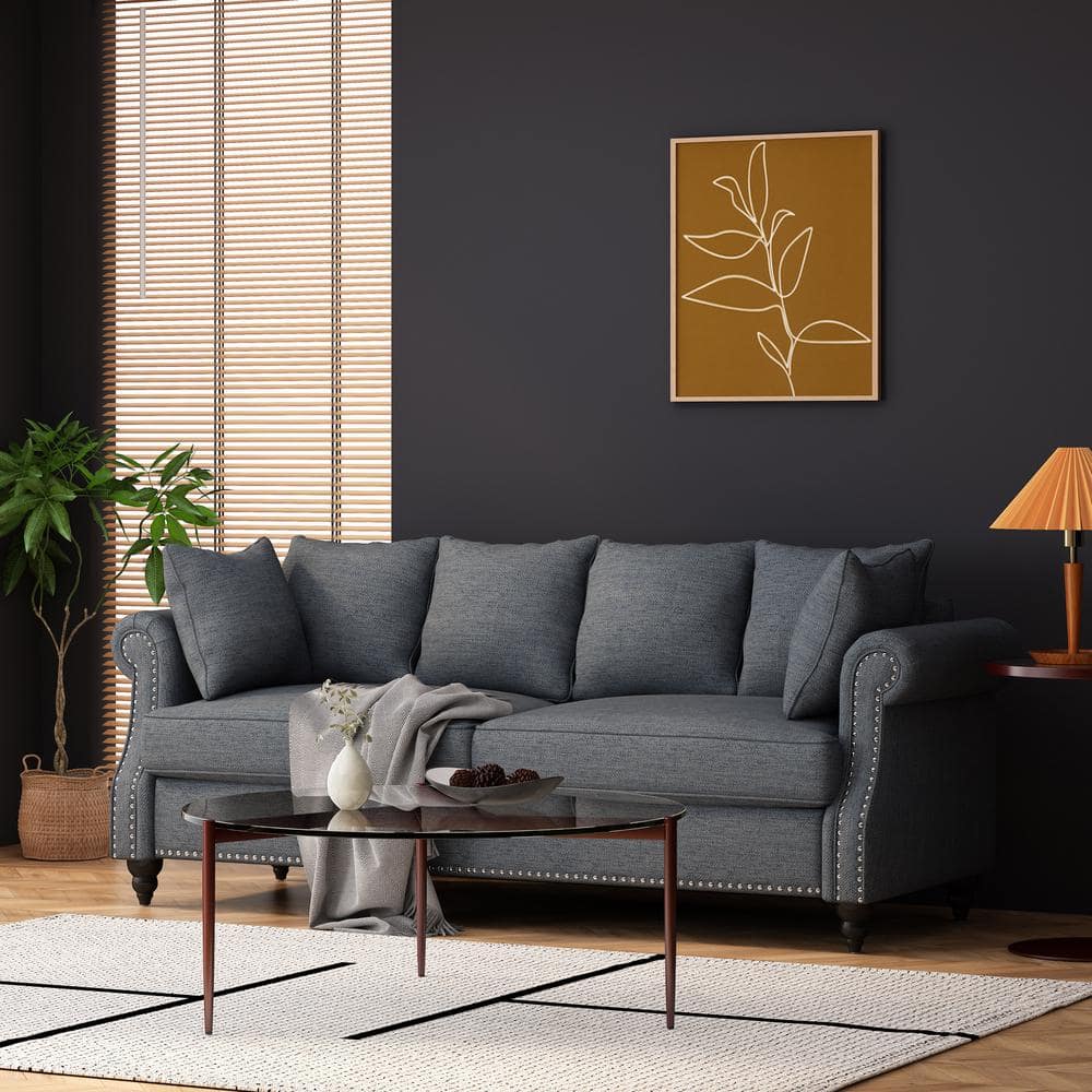 Charcoal Tufted Fabric Lawson Sofa with Nailhead Trim