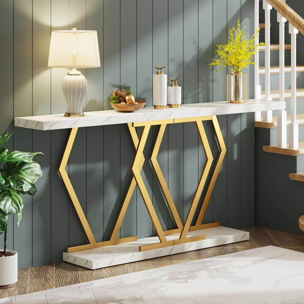White Faux Marble and Gold Metal Console Table with Storage