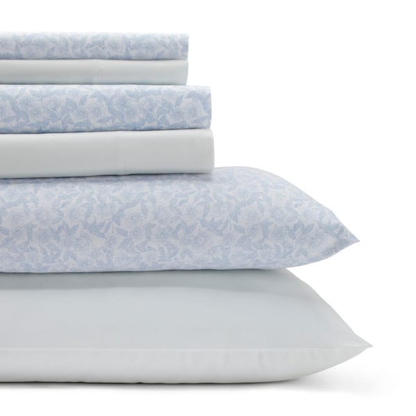 Belle 6-Piece Blue Floral Cotton King Sheet Set