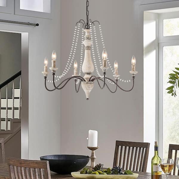 EDISLIVE Carmichael French Country 6-Light Candlestick Wood Chandelier with Crystal